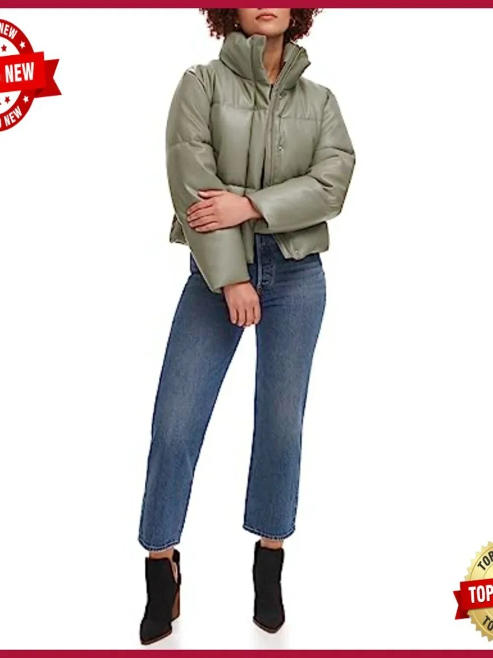 Women's Vegan Leather Quilted Puffer Jacket Water Resistant Cropped